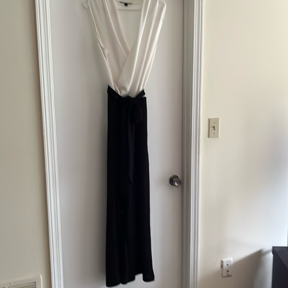 Black/White 2 tone jump suit with side zip and cloth tie belt